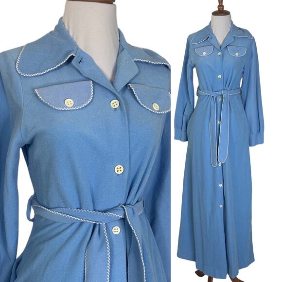 Vintage 1970s Vassarette Blue Velour Maxi Robe Dress XS/S  Lounge Housecoat - Picture 2 of 10
